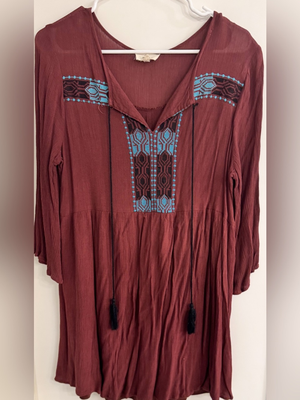 entro Maroon Mini Dress with Blue Embroidered Detail